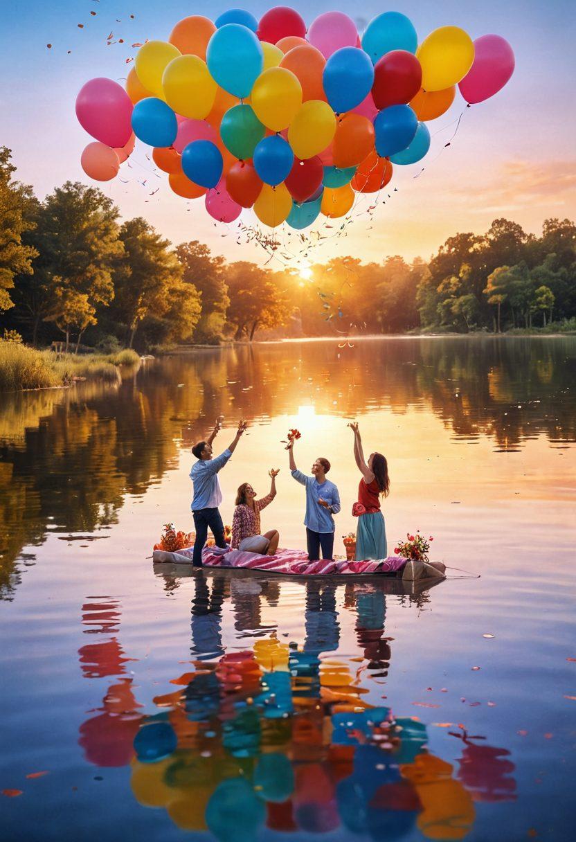 A vibrant scene depicting a joyful celebration with colorful balloons, confetti, and people laughing together, surrounded by a serene reservoir reflecting the blue sky. Include elements like festive decorations, a picnic setup, and friends sharing moments of happiness. Emphasize warmth and togetherness, with a soft sunset in the background. super-realistic. vibrant colors.