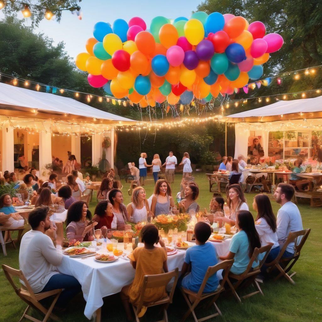 A vibrant outdoor gathering scene filled with diverse people joyfully interacting, surrounded by colorful decorations, balloons, and a large banner that reads 'Joyful Gathering'. Include a picnic setup with delicious food, children playing games, and soft fairy lights twinkling above. Capture the essence of elation and connection among friends and family. painting. bright colors. warm atmosphere.