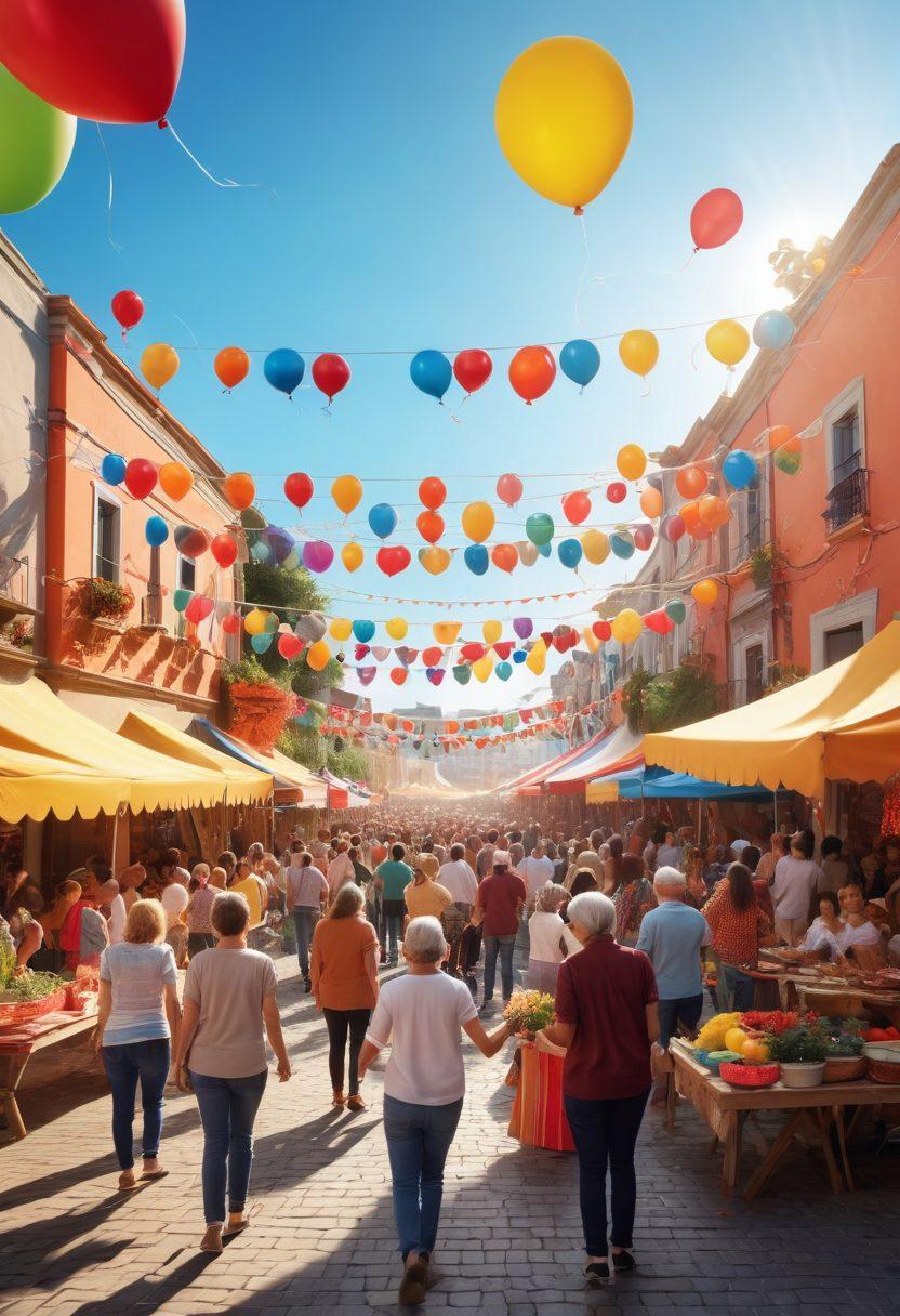 A vibrant community square filled with people of all ages joyfully participating in various activities such as dancing, making crafts, and sharing food. Colorful banners flutter overhead, and there are joyful decorations like balloons and flowers all around. The scene should convey a sense of camaraderie and happiness, with warm sunlight bathing the celebration. Include elements of music like instruments or speakers, creating a festive atmosphere. super-realistic. bright colors. 3D.